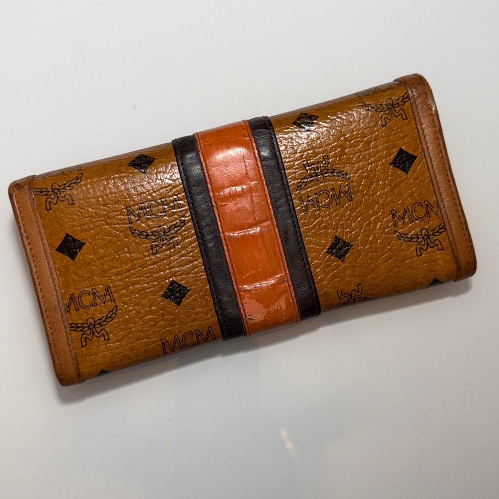 MCM Brown and Black Logo Continental Wallet with Orange Accent - Picture 2 of 11